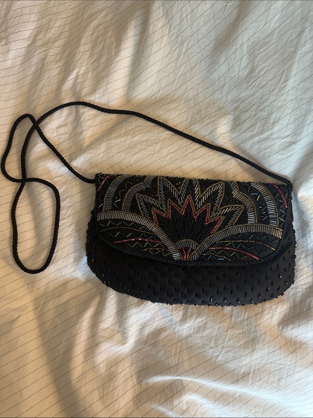 VTG Carla Marchi - Black Beaded Bag with Multi- Colored Bead Embellished Flap